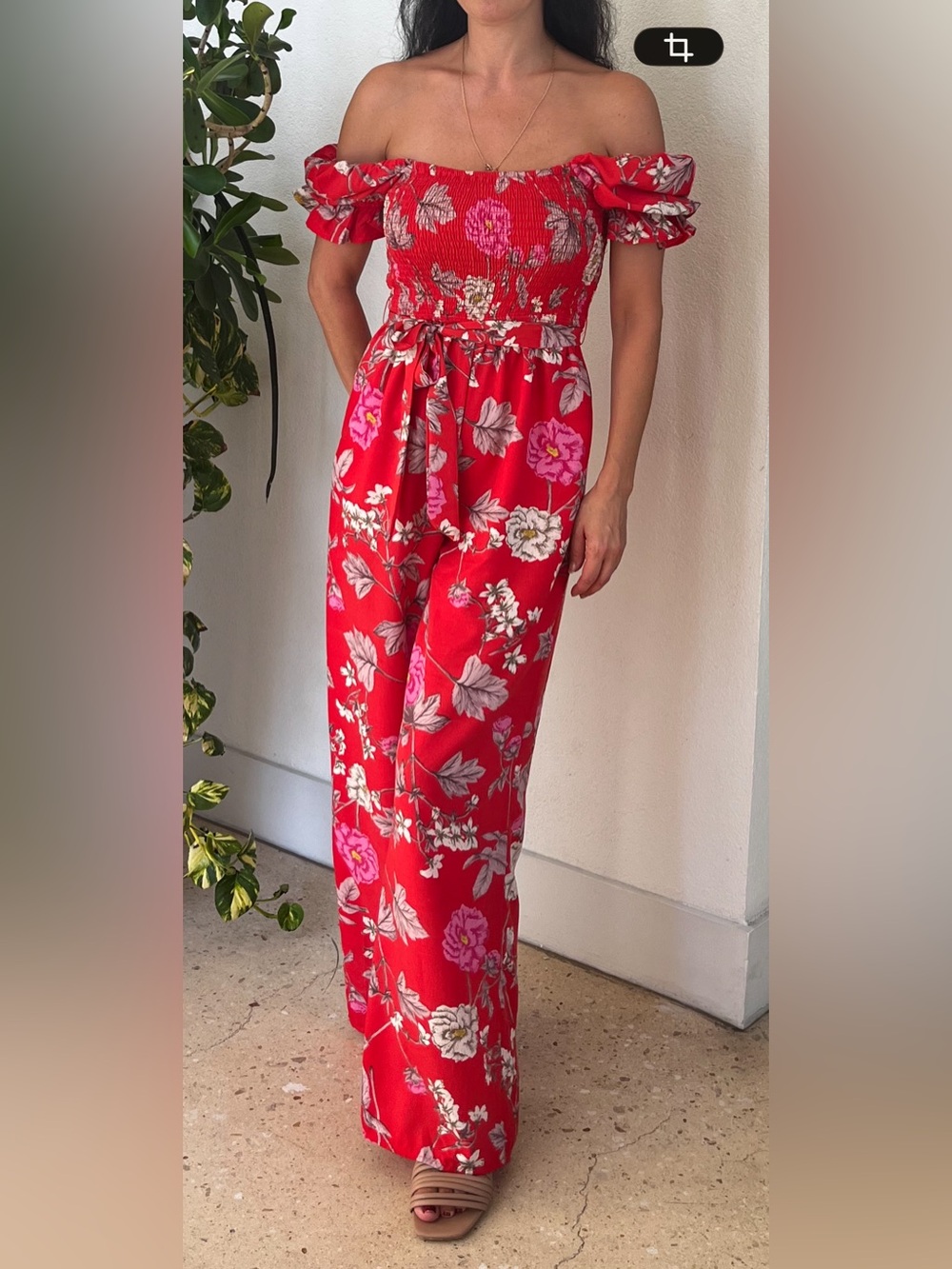 Off-Shoulder Red Floral Jumpsuit with Tie Waist
